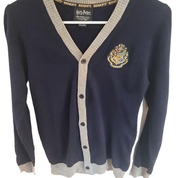 Harry Potter Navy Blue Heather Gray Knit Hogwarts Sweater Cardigan Button Up - Picture 6 of 9